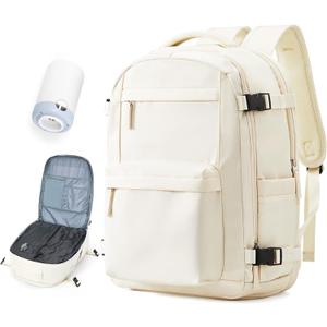 Vacuum Travel Backpack with Pump for Women,Personal Item Carry on Backpacks Flight Approved 18x14x8 inches for Men,Laptop Waterproof Work Compression bags Casual Daypack. Beige (Large)