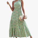 PRETTYGARDEN Women's Summer Floral One Shoulder Maxi Dress Knot Ruffle Boho Beach Vacation Wedding Guest Long Dresses Size S
