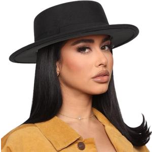 Pork-Pie-Fedora-Hat Wide Brim Felt Flat-Top-Boater Hat for Men Women(Size:M) (Black With Band)