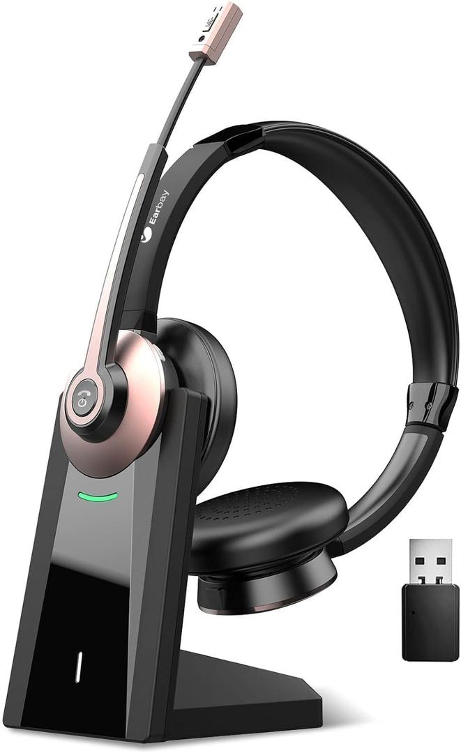 Earbay Wireless Headset - Bluetooth Headphones with Microphone Noise Canceling & Mute, Bluetooth Headset with USB Dongle/Charge Dock for PC Computer Cell Phone Work Office Meetings Call Teams