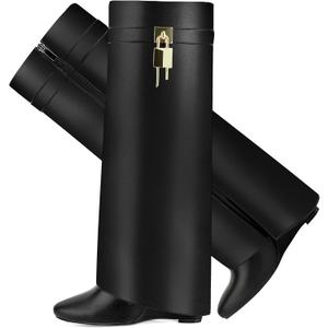 Fold Over Boots for Women Pointy Pull-on Wedge Heel Knee Shark Boot With Side Zipper Padlock Design (9, Black)