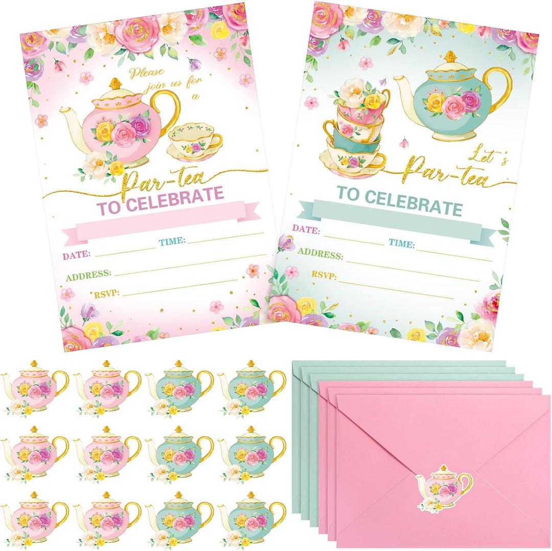 Geyoga 24 Pcs Tea Party Invitation Cards with Envelopes and Stickers, Little Girl Garden Tea Cup Time Bridal or Baby Shower Invite, Themed Ladies Event Ideas, Printed or Fill in the Blank Card