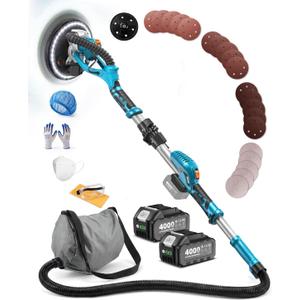 SEESII Cordless Drywall Sander with Vacuum,900W 1900RPM 2x4.0Ah Battery,Popcorn Ceiling Remover Tool,Brushless Low Noise Variable Speed,Wall Sander for Painting Prep,Foldable Telescopic,LED,12 Discs