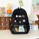 Preppy Backpack with Cute Rabbit & Carrot Plushies Cute Pin Accessories Y2K Aesthetic Backpack Laptop Backpack (Black)