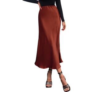 BTFBM 2026 Summer Womens Skirts Silk Elegant High Waist Flowy Long Satin A-Line Midi Skirt Cocktail Wedding Party (Brown) S