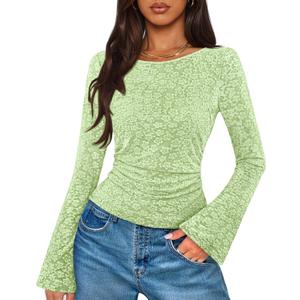 MEROKEETY Women's Bell Long Sleeve Shirts 2025 Fall Floral Going Out Tops Slim Fit Y2k Clothes Outifts (Green, M)