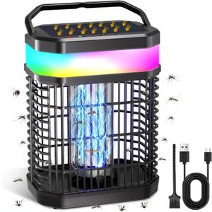 Solar Bug Zapper Outdoor 4000V Mosquito Zapper Solar 2IN1 Bug Repellent Outdoor Patio with 5500mAh Battery&LED,Electric Fly Zapper with Hook,Cordless&Rechargeable Mosquito Repellent for Patio Camping
