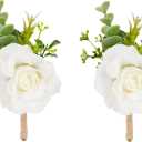Meldel Ivory White Rose Boutonnieres for Men Wedding, Set of 2, Artificial Corsage for Prom, Groom and Groomsmen Boutonniere for Ceremony, Formal Dinner Party, Fall Rustic Wedding, Homecoming