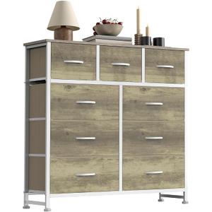 Sweetcrispy 9 Drawer Fabric Dresser Storage Tower with Wood Top and Steel Frame, Organizer Chest with Easy Pull Handles for Bedroom, Closet, Hallway,Oak Greige, 11.8"D x 39.6"W x 39.8"H (9 Drawers)
