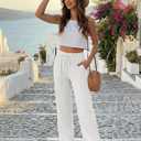SEMARO Womens Casual Linen High Waist Pants Drawstring Loose Fit Summer Pants Trousers with Side Pockets (White, M)