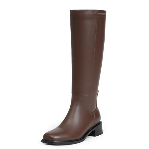 Modatope Women's Knee-High Boots Heel Fall Boots for Women 2025 Brown Below Knee Boot Riding Square Toe Chunky Heeled Tall Long Leather Boot Size 9