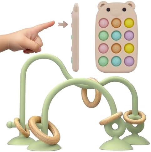 Baby High Chair Suction Toys Teething Chew - Baby Teething Toys Silicone Teethers Table Toys, Food Grade Silicon for 6 12 18 Months (RPinkBeige)