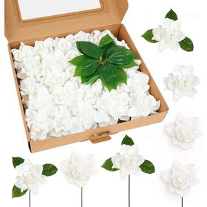 25pcs Fake Gardenia White Artificial Flowers, Real Looking Gardenia Flowers with Stems Wedding Flowers for DIY Wedding Bouquet Bridal Shower Party Home Centerpieces Floral Arrangements