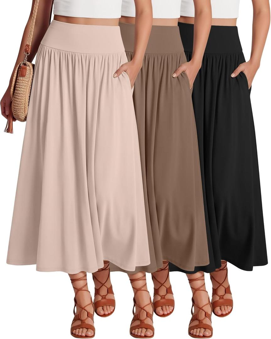 Ficerd 3 Pack Maxi Long Skirts for Women, Ankle Length High Waisted Pleated Flowy a Line Summer Casual Skirts with Pockets XL