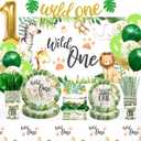 Wild One Birthday Decorations - Jungle Theme Party Supplies Tableware Includes Plates, Cup, Napkin, Balloon, Backdrop, Tablecloth, Straw, Cutlery, Banner, Safari Theme 1st Birthday Decorations