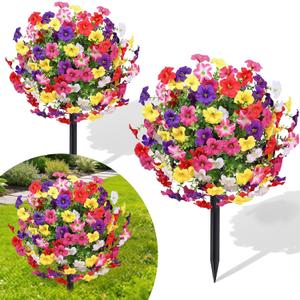 23" Artificial Boxwood Topiary Ball Trees with Petunias Flowers, Set of 2 Faux Outdoor Plants with Ground Spike for Outdoors, UV Resistant Fake Flowers for Outdoor Garden Yard Front Porch Patio Decor
