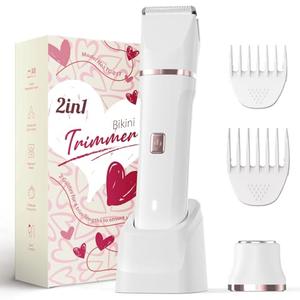 Risina Bikini Trimmer for Women - Electric Razors for Women's Body Groomer, Replaceable Ceramic Blade Heads, Face Hair Remover Head, USB-C&Dock Charging, Waterproof&Easy Cleaning White
