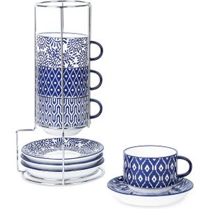 Selamica Ceramic Cappuccino Cups with Saucers and Metal Stand, 8 OZ Stackable Espresso Coffee Cups for Coffee, Latte, Americano, Tea, Set of 4, Vintage Blue