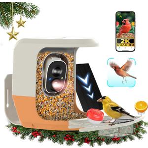 Bird Feeder with Camera, Permanent Free AI Identification of More Than 11,000 Bird Species, 2.5K HD Resolution, Solar Powered Wireless Outdoor Design, App Reminder