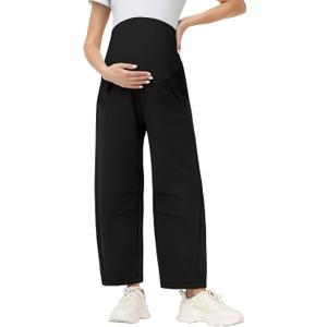 Foucome Womens Maternity Baggy Barrel Pants Wide Leg Pregnancy Lounge Sweatpants with Pockets (Small, Black)