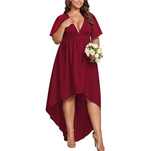 WUSENST Plus Size Wedding Guest Dress Formal High Low Dresses for Women Ruffle Short Sleeve Deep V Neck Elegant Long Gowns Wine Red (Red, XXL)
