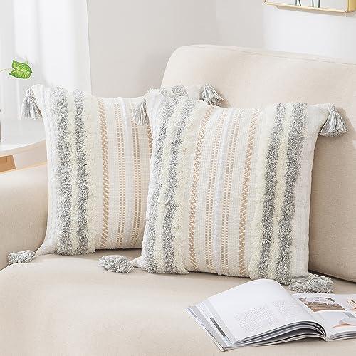 1 pcs decorUhome Decorative Boho Throw Pillow Covers 18x18, Accent Neutral Textured Tufted Pillow Covers Striped for Couch Bed Sofa Living Room, Light Grey and Cream White