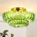 Semi Flush Mount Ceiling Light Fixture Vinatge Gold Ceiling Lights Mid Century Modern Green Glass Close to Ceiling Lighting Fixtures for Bedroom Hallway Foyer Bathroom Kitchen Laundry Room Nursery