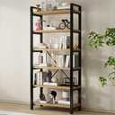 Real Solid Wood Rustic Vintage Industrial Etagere Bookshelf, Metal & Timber Free Vintage Bookcase, Retro Brown (Genuine Timber) (6-Tiers-RawWood)