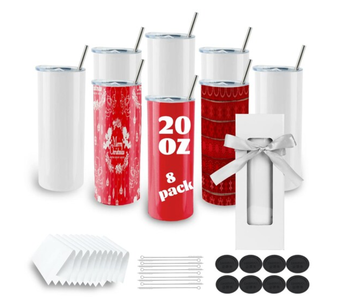 8 Pack Straight Sublimation Tumblers bulk 20 oz Skinny,Stainless Steel Double Wall Insulated Tumbler Cups Blank White with Lid, Straw, Individually Boxed,Polymer Coating for Heat Transfer