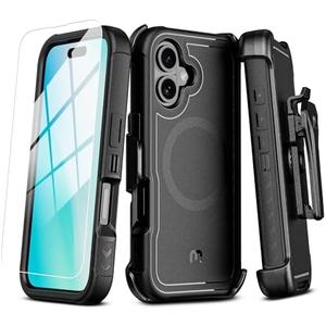 M MYBAT PRO Maverick Series iPhone 16 6.1 Case with Belt Clip Holster,[Compatible with Magsafe] w/Screen Protector,Anti-Drop,Shockproof,with 360°Rotating Kickstand,Heavy Duty Protection Black