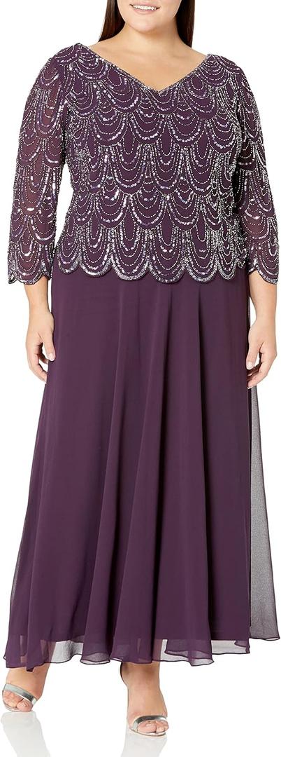 J Kara Women's Sweetheart Neck Floral Pattern 3/4 Sleeve Mock 2 Piece Long Dress (Plum Multi)
