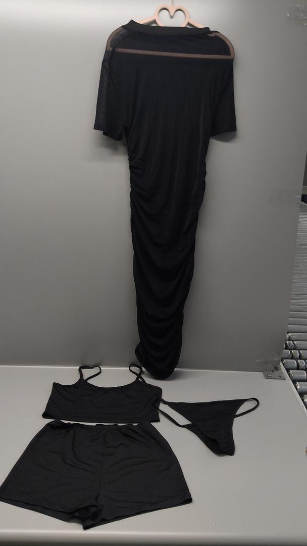 Women Sexy Four Piece Outfits Summer Off Shoulder Ruched Bodycon Mesh Cocktail Club Skirt Sets 2025, Pack of 4, Size M