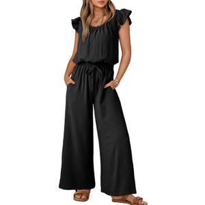 Dokotoo Jumpsuits for Women 2025 Summer Ruffle Sleeves Square Neck Rompers Drawstring Overalls with Pockets (X-Large, Black)