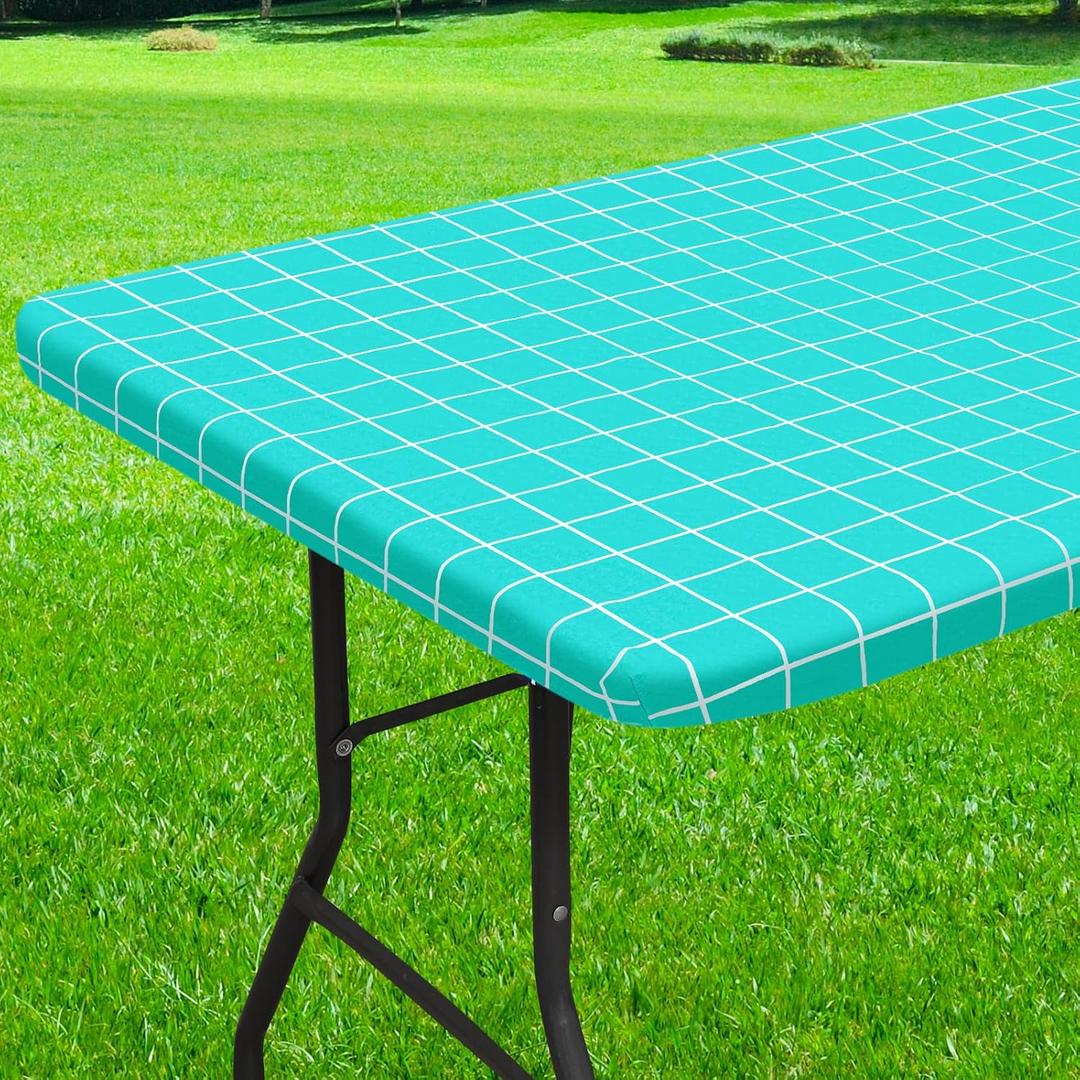 Rectangle Vinyl Table Cloth 24x48, Waterproof Elastic Fitted Tablecloth with Flannel Backing, Plastic Table Cover for Picnic, Camping, Outdoor, Aqua