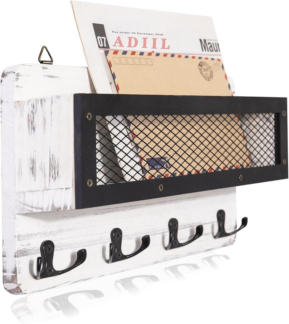 ADIIL Mail and Key Holder for Wall Decorative, Wooden Wall Mount Key Rack Hanger Organizer with 4 Double Key Hooks, Rustic Home Decor for Entryway Hallway, White