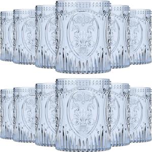 Qinyoung 12 Plastic Vintage Drinking Glasses 8.5oz Stemless Retro Embossed Wine Glasses Shatterproof Reusable Cups for Baby Shower Wedding Reception Grand Event Party (Blue), Medium