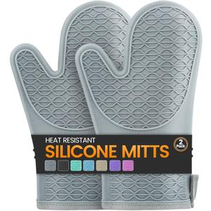 Silicone Oven Mitts, Heat Resistant 2PCS Oven Mitts with Soft Cotton Lining, Waterproof Non-Slip Grip Oven Glove, Kitchen Potholder Mits for BBQ, Baking, Cooking, 12.5 Inch - Grey (Gray)