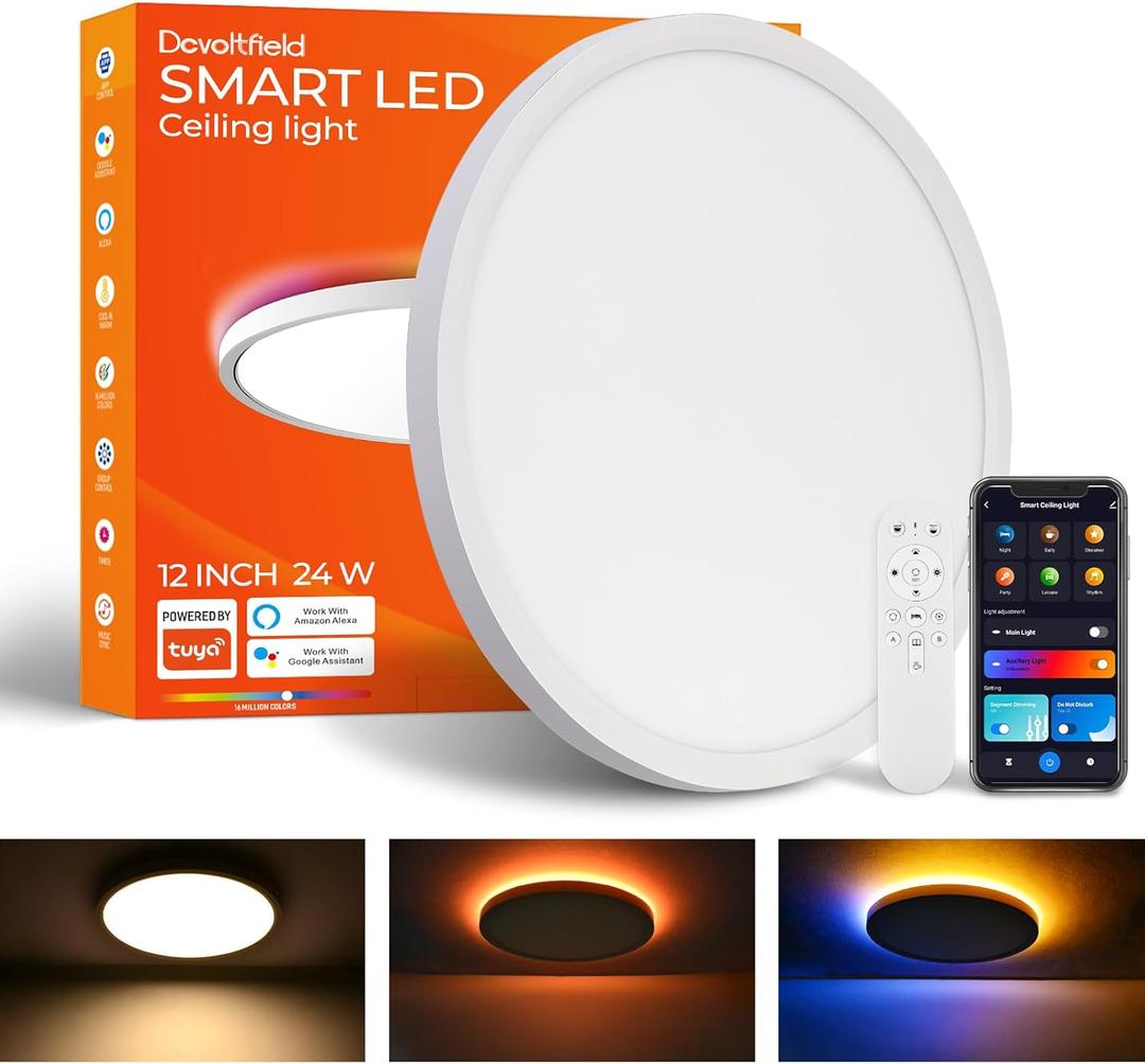 2Pack Smart LED Ceiling Light Flush Mount,12inch RGB Ceiling Light Fixture with Remote Control,Dimmable 2700K-6500K,Night Light 2000K,Compatible with Alexa,Google,Tuya
