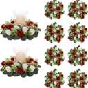 NUPTIO Flower Wedding Centerpieces for Tables - 10 Pcs 14 inch Diam Large Crimson & White Artificial Flowers Fake Roses Candle Rings Wreaths Spring Summer Wreath for Front Door Weddings Party Decor