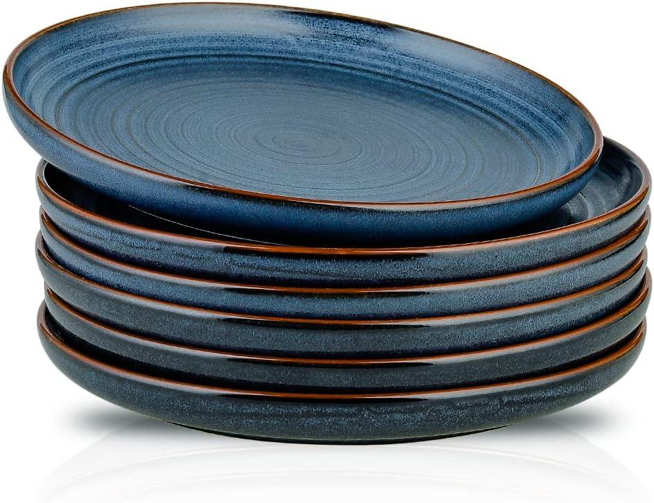 HVH Porcelain Dinner Plates Set of 6, 10.25 inch Ceramic Plates Set, Large Dinner Plates Set for Dinner, Salad, Ceramic Dinner Plates, Healthy Dinner Plates Set of 6, Farmhouse Style (Black) (Dark Blue)