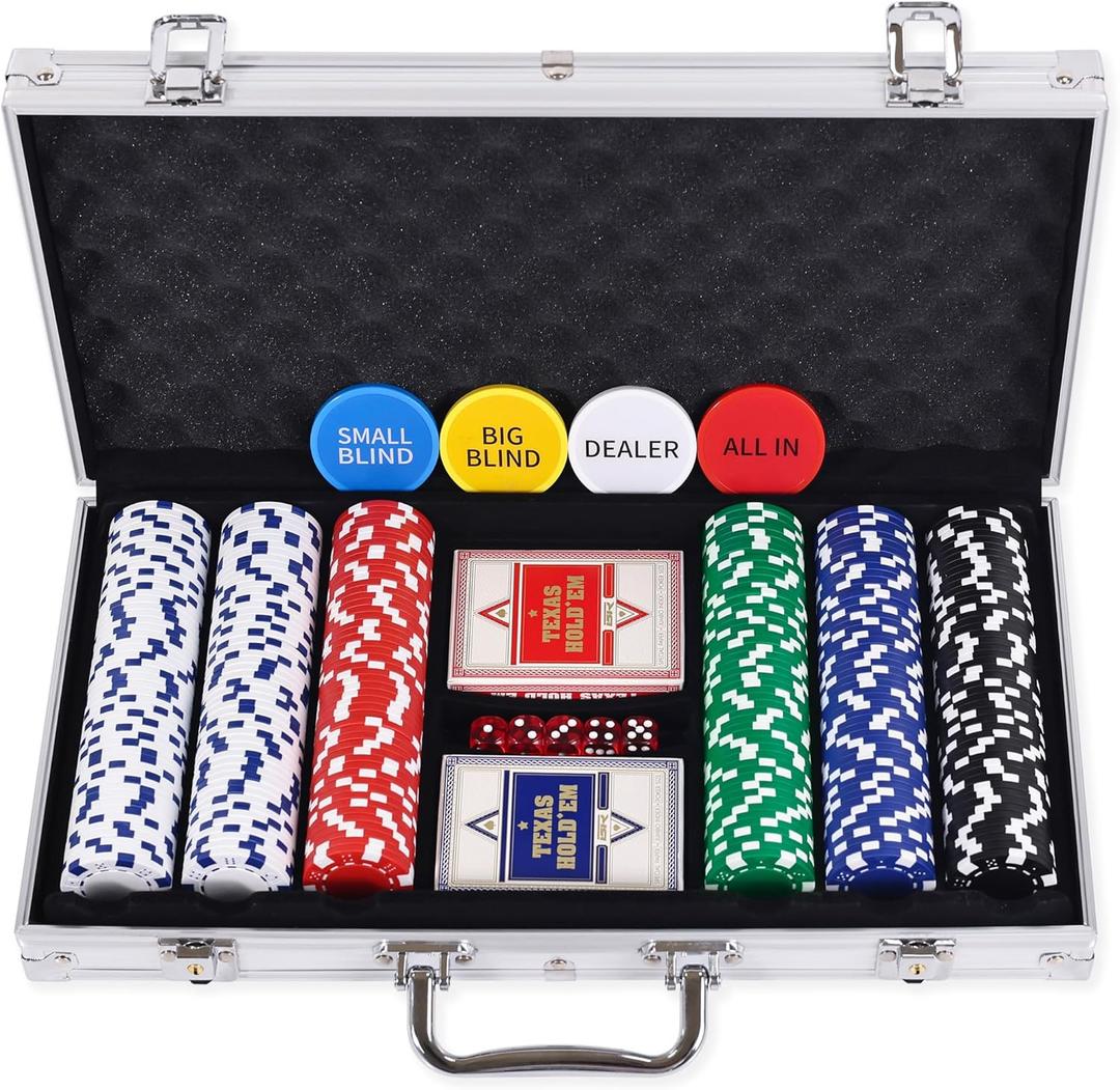 300 Pcs Poker Chips Set for Texas Holdem, 11.5g Clay Chips with Aluminum Carrying Case, Playing Cards & Game Buttons