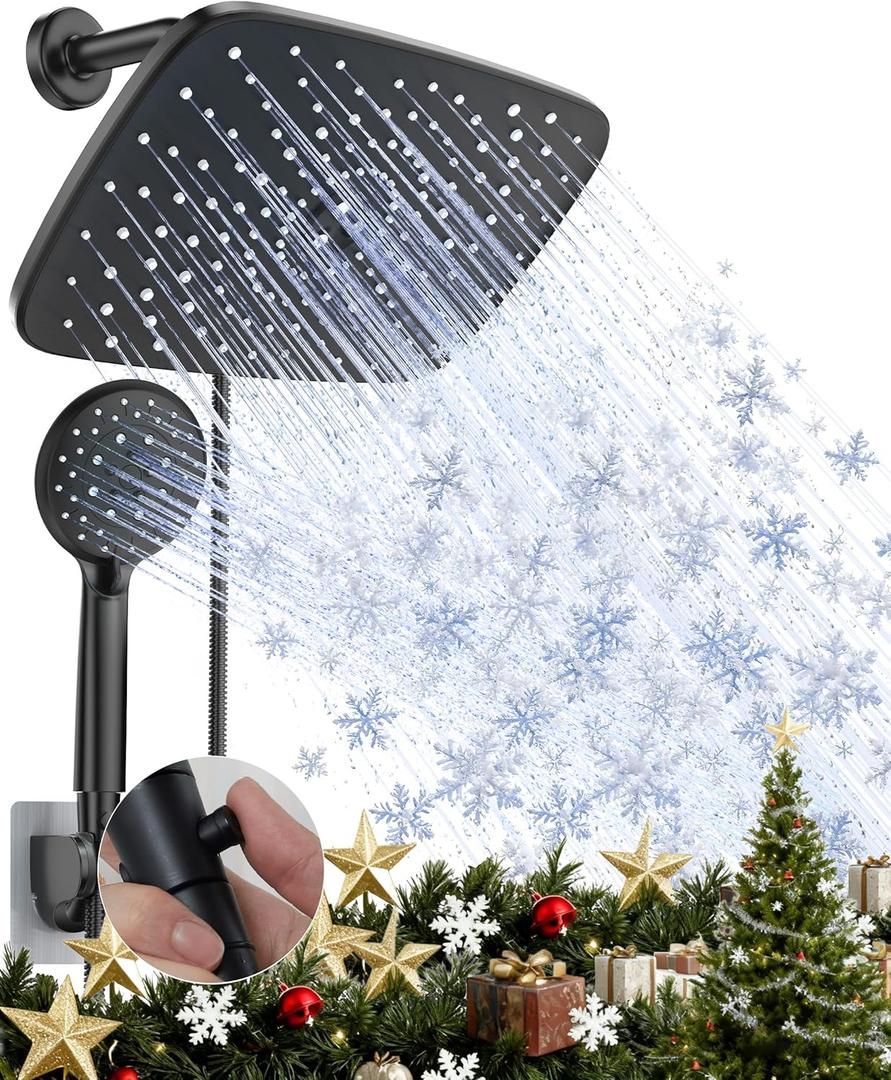 Veken 11.8 Inch Rain Shower Head with Handheld- High Pressure Dual Shower Heads with 5 Modes Handheld Spray Combo- Wide Rainfall Showerhead with Hose, Bathroom Accessories, Matte Black