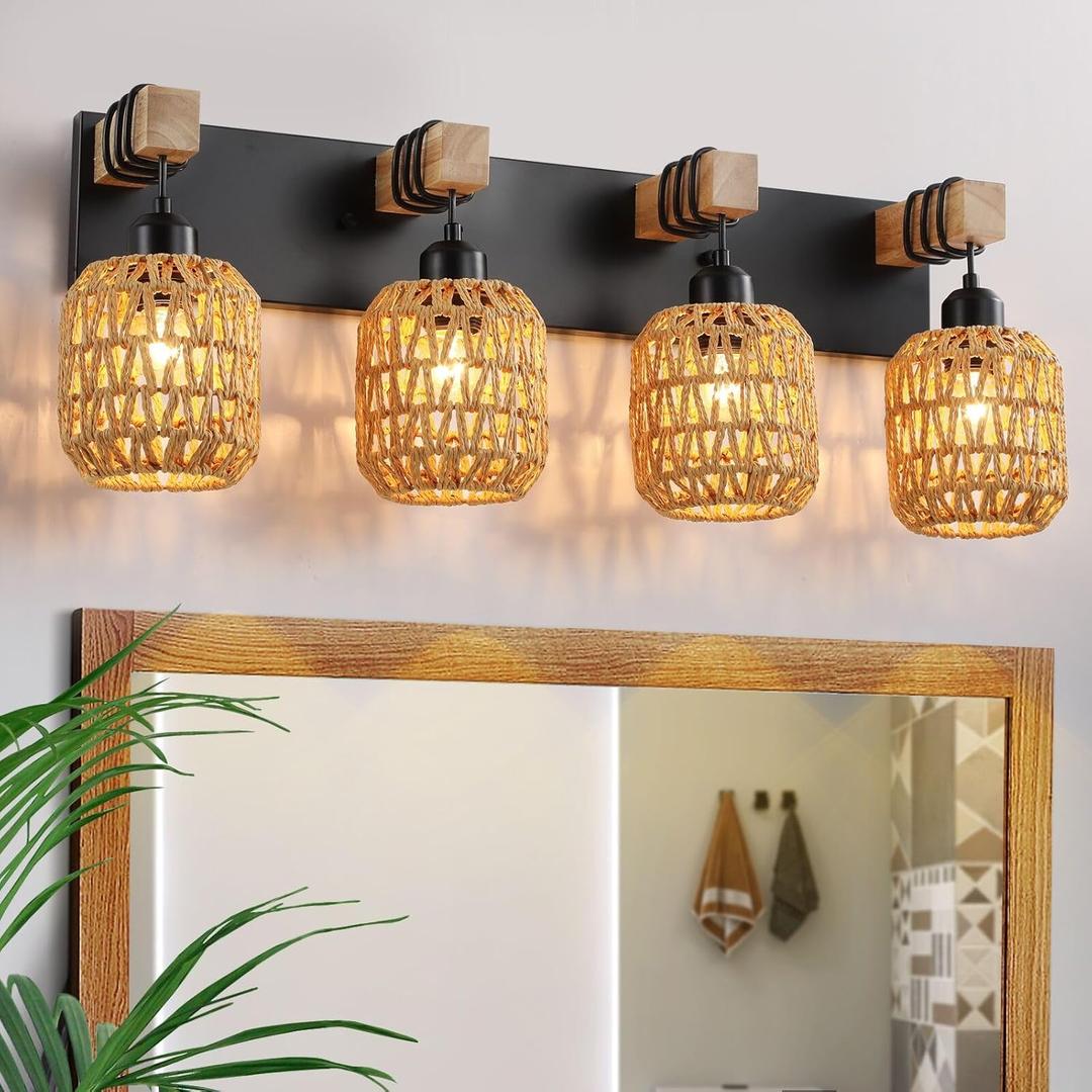 4 Light Bathroom Vanity Light Fixtures,Rustic Style Wood Bathroom Wall Sconce, with Boho Wicker LampshadeSuitable for Bedroom, Hallway, and Living Room,Rattan Black Farmhouse Wall Sconce