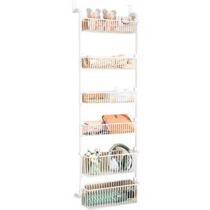 Over The Door Organizer, Metal Behind Door Hanging Storage, Toys Umbrellas Bags Organizer Rack, Large Capacity Organizer for Bedroom Bathroom Kitchen Pantry Closet Cabinet (White,Six-Tier)