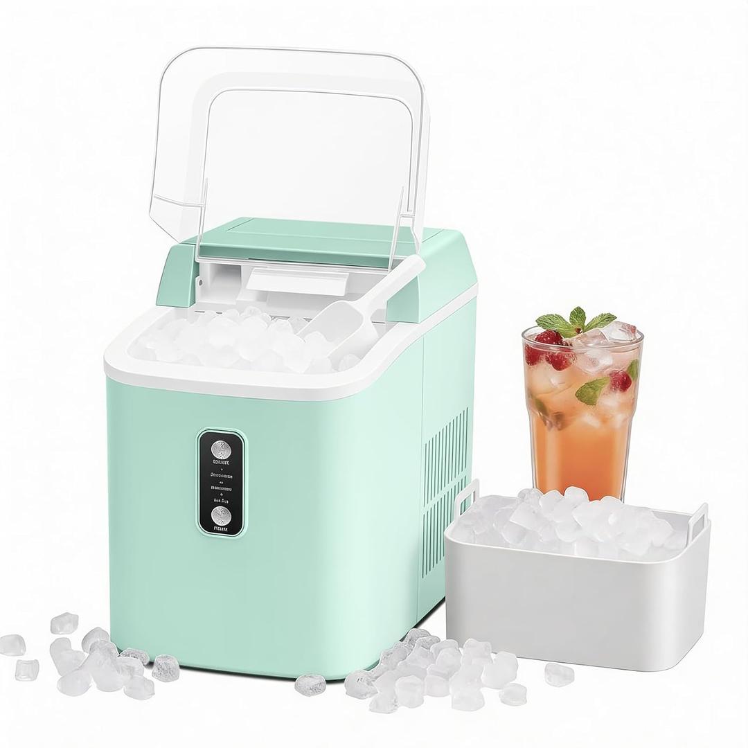 NEWBULIG Nugget Ice Makers Countertop, Portable Nugget Ice Machine, Ready in 6 Mins, 24lbs in 24Hrs, Auto-Cleaning, with Basket and Scoop, for Home, Kitchen, RV, Camping, Green (14.5"*13.7"*10.4")