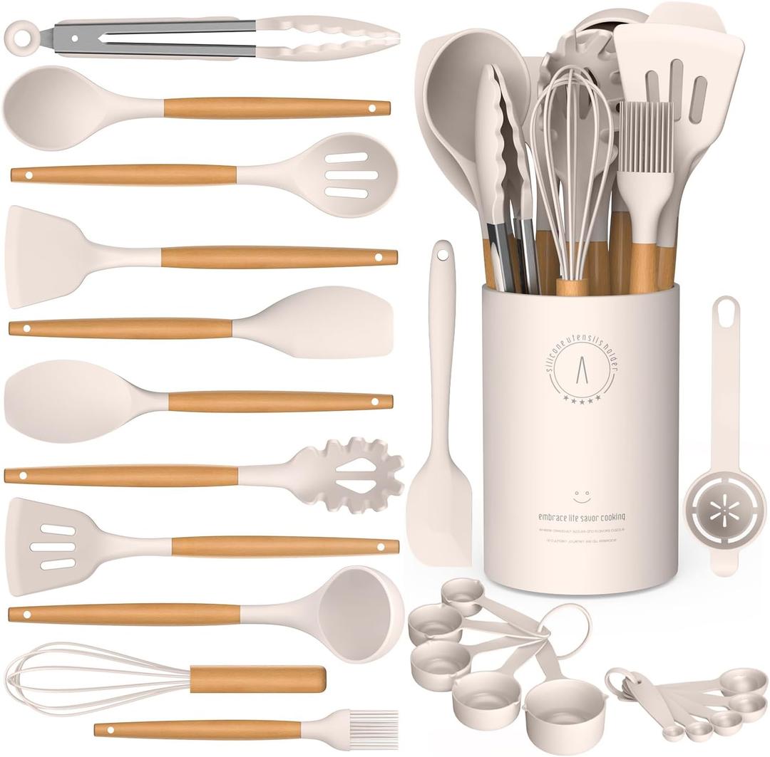Silicone Cooking Utensils Set - AVGPD Silicone Kitchen Utensils for Cooking Wooden Handles, 446F Heat Resistant Kitchen Utensil Spatula Sets w Holder, Gadgets for Non-Stick Cookware BPA FREE (Khaki)
