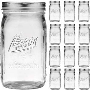 Wide Mouth Mason Jars 32 oz - 12 Pack Large Glass Mason Jars with Airtight Lids and Bands, 1 Quart Glass Jars for Pickling, Canning, Fermenting and Food Storage, Microwave & Dishwasher Safe
