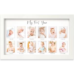 My First Year Photo Frame,12 Months Baby Picture Frame for Newborn Girl,Boy-Baby Shower Gifts Keepsakes, Monthly Baby's One Year Birthday Milestone,1st Nursery Photo Collage Display Board(Alpine White)