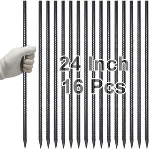 VVOKGO Rebar Stakes 24 Inch Ground Straight Rebar Stakes (16pcs), Heavy Duty Ground Anchors, 3/8" Diameter Steel Plant Support Garden Stake with Chisel Point End, Hammer Through Hard Soil for Camping (16Pcs-Black, I-24 Inch-3/8")