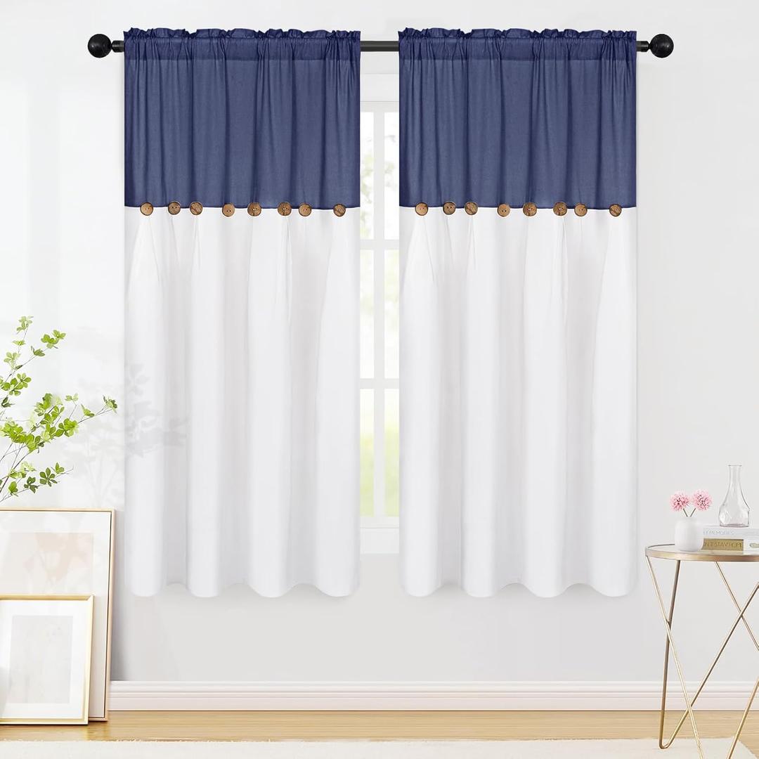 FRAMICS Farmhouse Cotton Linen Curtains for Living Room, Boho Button Curtains 63 Inch Length, Navy Blue Rustic Country Linen Window Curtains for Bedroom, Rod Pocket Curtains & Drapes, 52 x 63 Inch